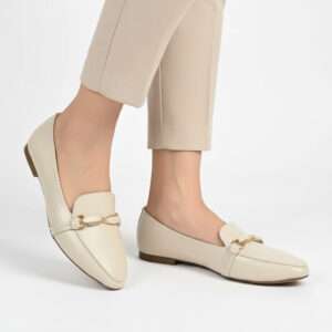 Women's Cream Leather Loafer Shoes – Elegant Casual & Office Footwear with 90 Days Guarantee