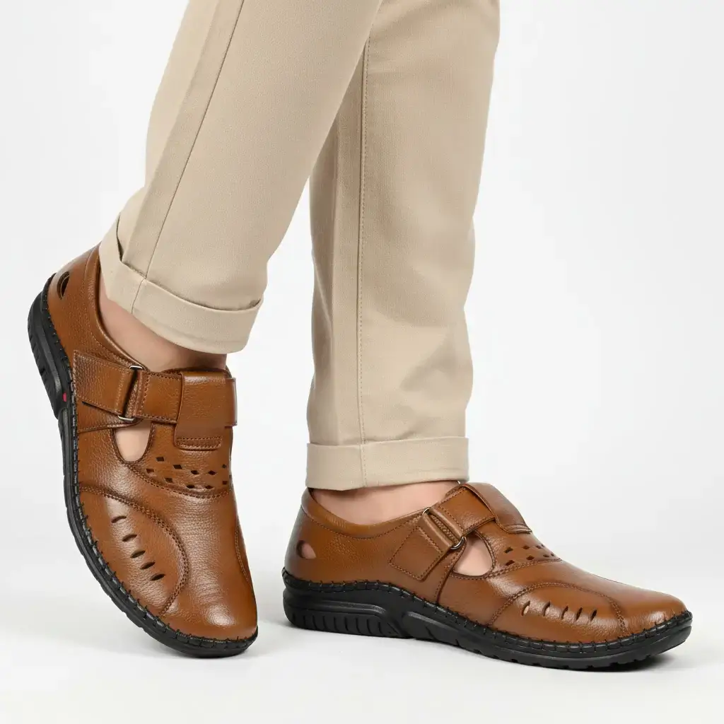 brown leather comfort shoe for men Bangladesh velcro breathable casual footwear