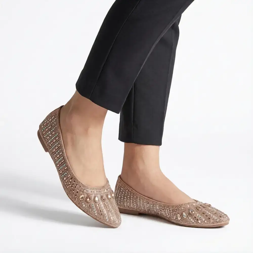 golden glitter embellished flat shoe for women Bangladesh stylish party footwear